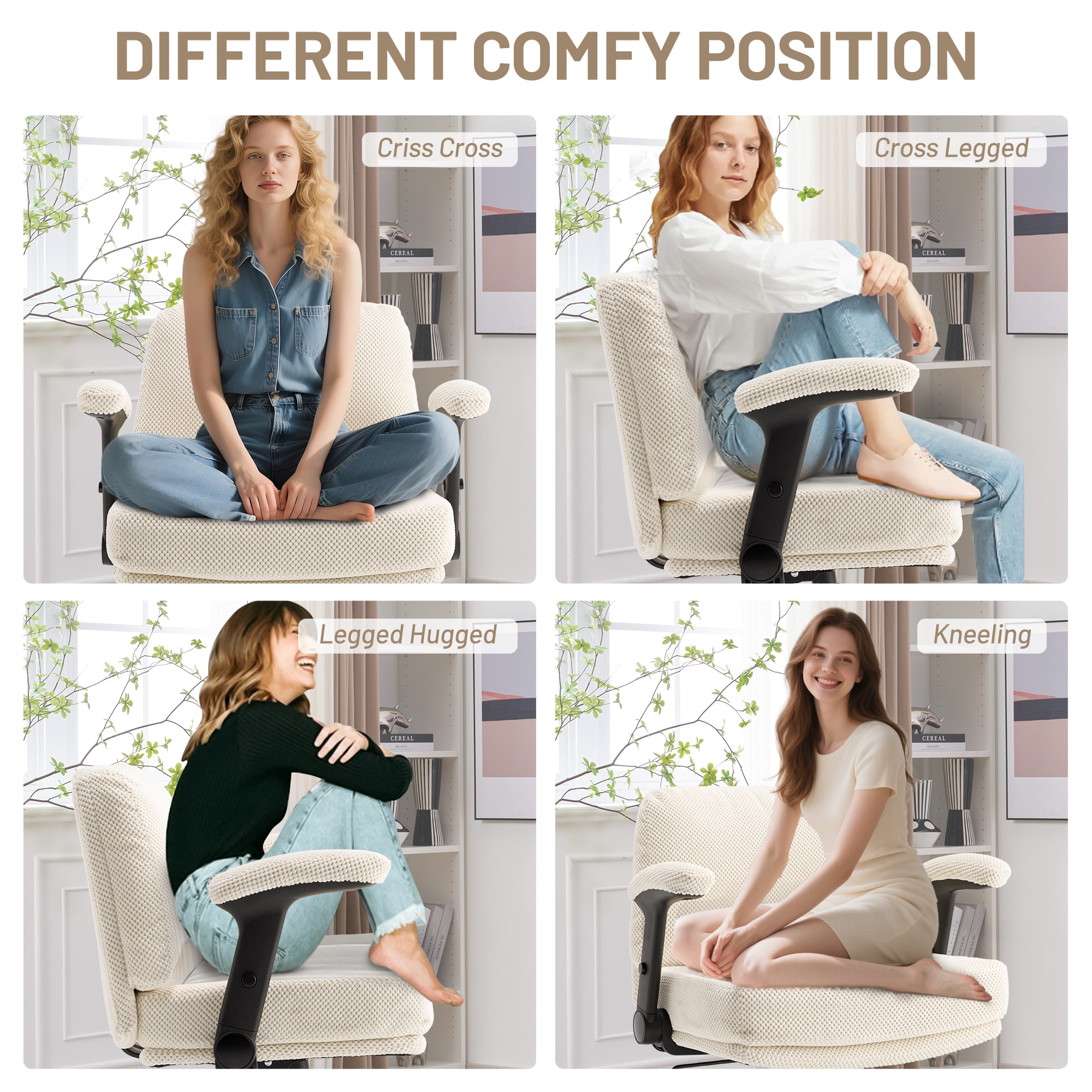 Criss Cross Chair With Wheels And Flip Arms- Comfy Fabric Cross Legged Office Chair With Thick Cushion&Wide Seat, Adjustable Swivel Desk Chair For Home Office, Apartment, Bedroom_voghion.com